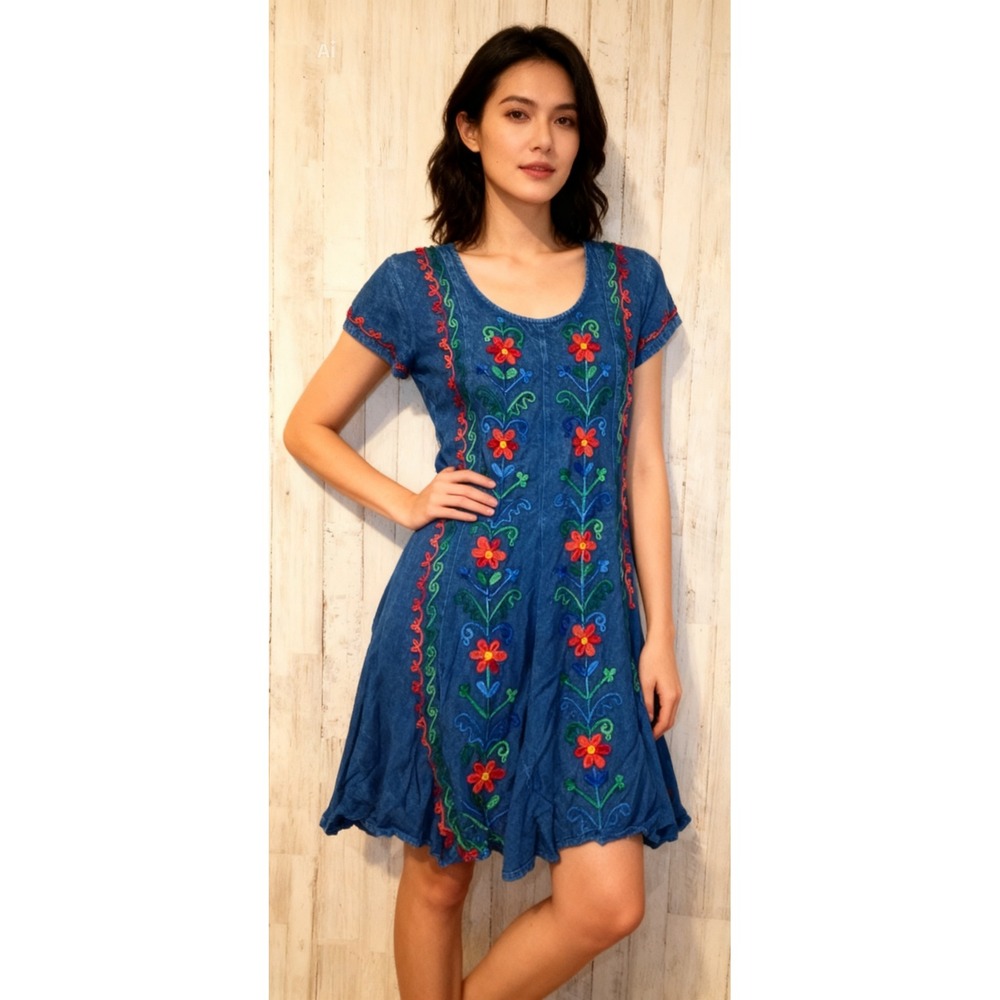 Sacred Threads size S/M Flare shift Embroidered Dress Chambray Rayon Hippie